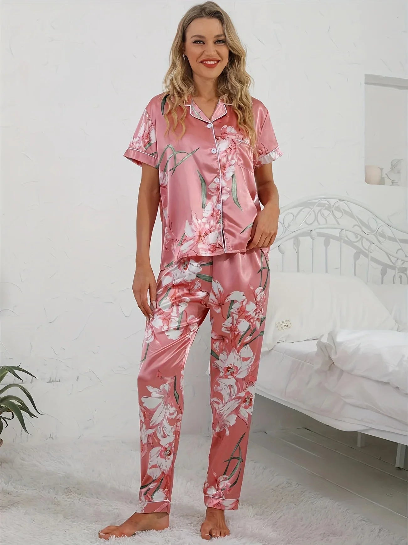 Phaedra | Damen Pyjama Set Zweiteiler in Rosa mit Blumenmuster Hemd & Hose