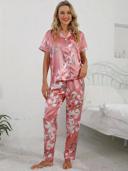 Phaedra | Damen Pyjama Set Zweiteiler in Rosa mit Blumenmuster Hemd & Hose