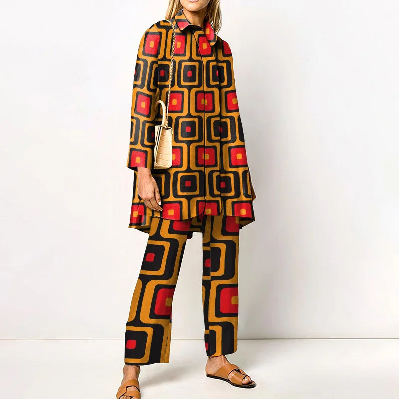 Damen Zweiteiler | Lockeres Set aus Bluse und Hose mit Vintage-Print