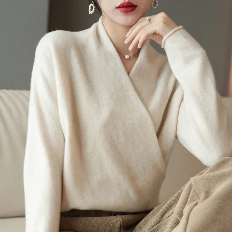 Eleganter Damen Kaschmir-Wickelpullover – Luxuriös, Weich & Stilvoll