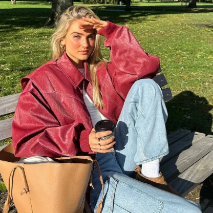 Lorenza | Oversized Jacke mit Reißverschluss & Reverskragen | Roter Trend-Look