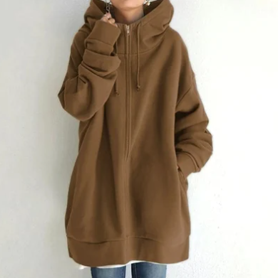 Ismaria | Damen Oversize Hoodie mit Reißverschluss & Kapuze – Lässiger Long Kapuzenpullover in Uni-Farben