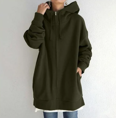 Ismaria | Damen Oversize Hoodie mit Reißverschluss & Kapuze – Lässiger Long Kapuzenpullover in Uni-Farben