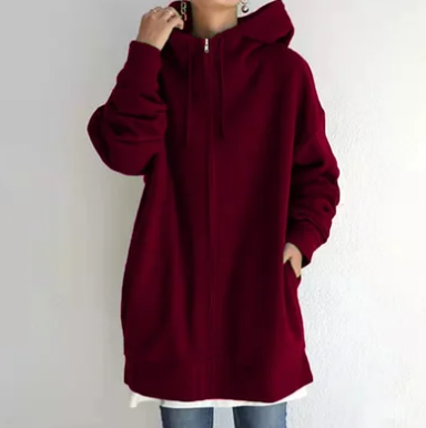 Ismaria | Damen Oversize Hoodie mit Reißverschluss & Kapuze – Lässiger Long Kapuzenpullover in Uni-Farben
