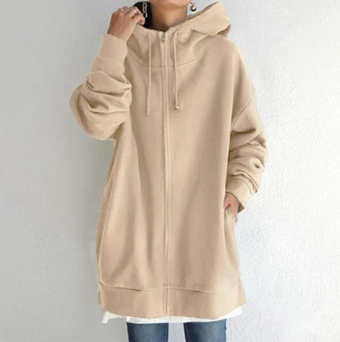 Ismaria | Damen Oversize Hoodie mit Reißverschluss & Kapuze – Lässiger Long Kapuzenpullover in Uni-Farben