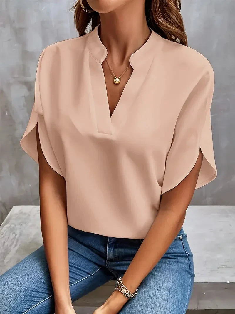 Janelle | Elegante Damen V-Ausschnitt Chiffonbluse mit kurzen Ärmeln – Luftig, Stilvoll & Alltagstauglich