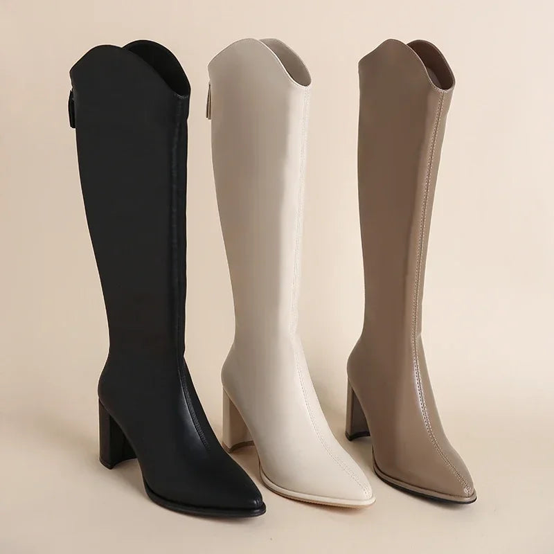 Tarynna | Damen Knee High Boots mit seitlichem Reißverschluss & Blockabsatz