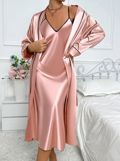 Philomela | Damen Pyjama Set Zweiteiler mit Langarm Morgenmantel & Ärmellosem Slip Kleid