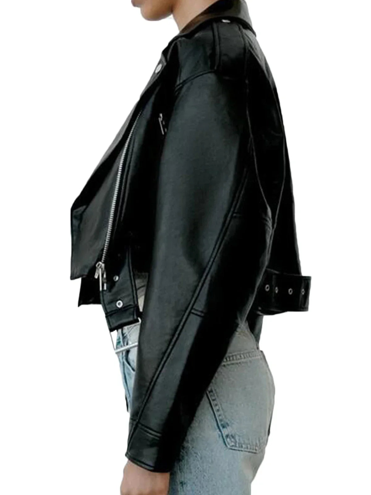 Aurinda | Damen Bikerjacke Cropped mit Asymmetrischem Reißverschluss & Taillengürtel
