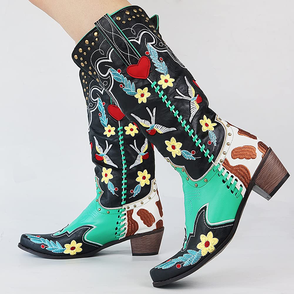 Anya | Bestickte Cowboy-Stiefel – Bunte Blumen, Blockabsatz & Western-Look für Damen