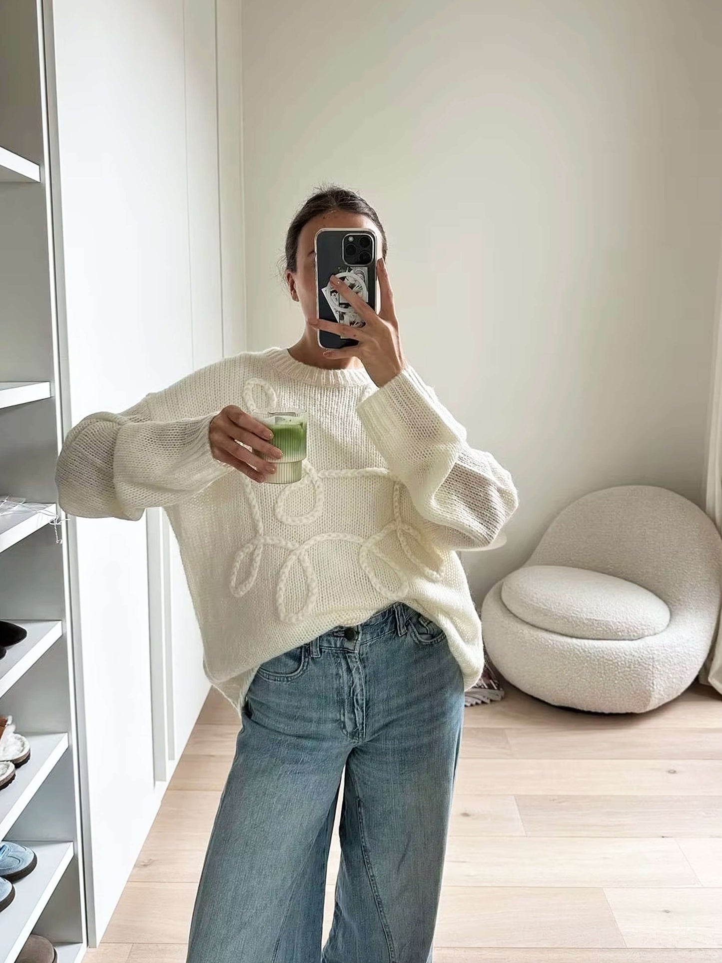 Odile | Damen Strickpullover Oversize mit Rundhals & Stickmuster