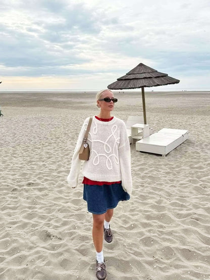 Odile | Damen Strickpullover Oversize mit Rundhals & Stickmuster