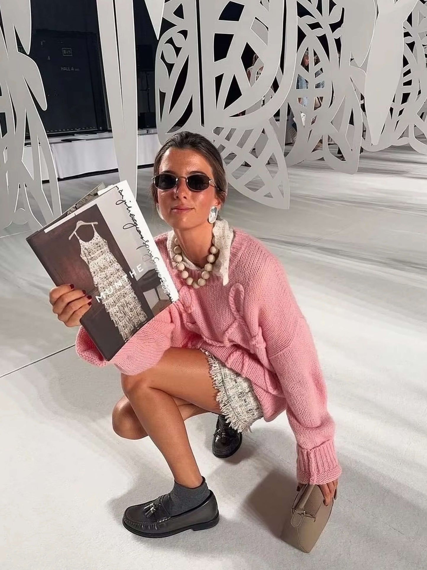 Odile | Damen Strickpullover Oversize mit Rundhals & Stickmuster