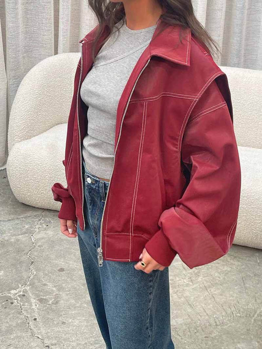 Olwen | Damen Oversize Jacke mit Reißverschluss in Burgunderrot