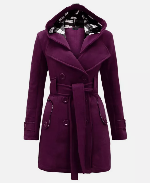 Odilisse | Damen Trenchcoat mit Kapuze & Gürtel – Zweireihiger Übergangsmantel mit Reverskragen für Stilvolle Outfits