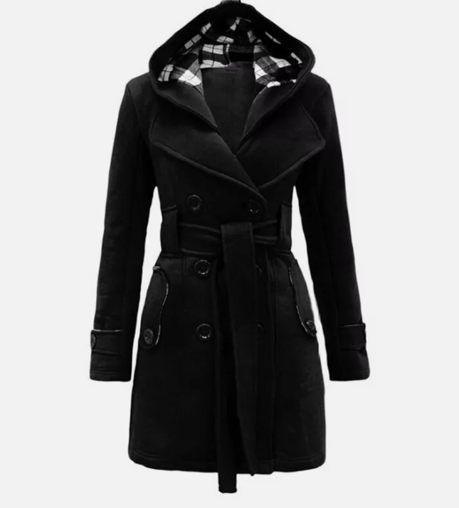 Odilisse | Damen Trenchcoat mit Kapuze & Gürtel – Zweireihiger Übergangsmantel mit Reverskragen für Stilvolle Outfits