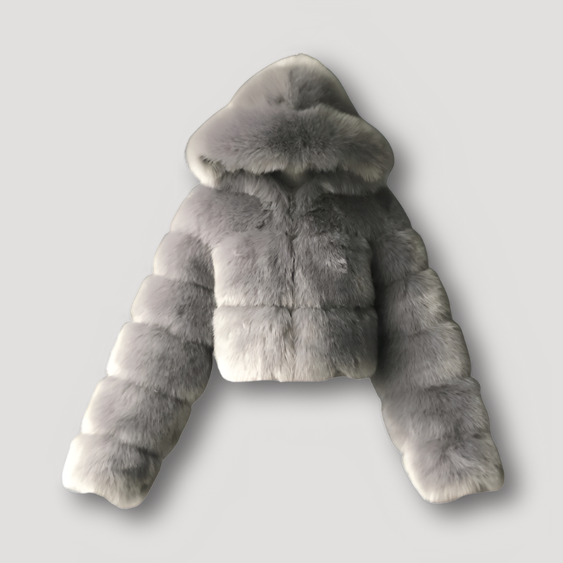 Rosmara | Luxuriöse Damen Plüschjacke mit Kapuze & Reißverschluss | Kurze Kunstpelzjacke für Herbst & Winter