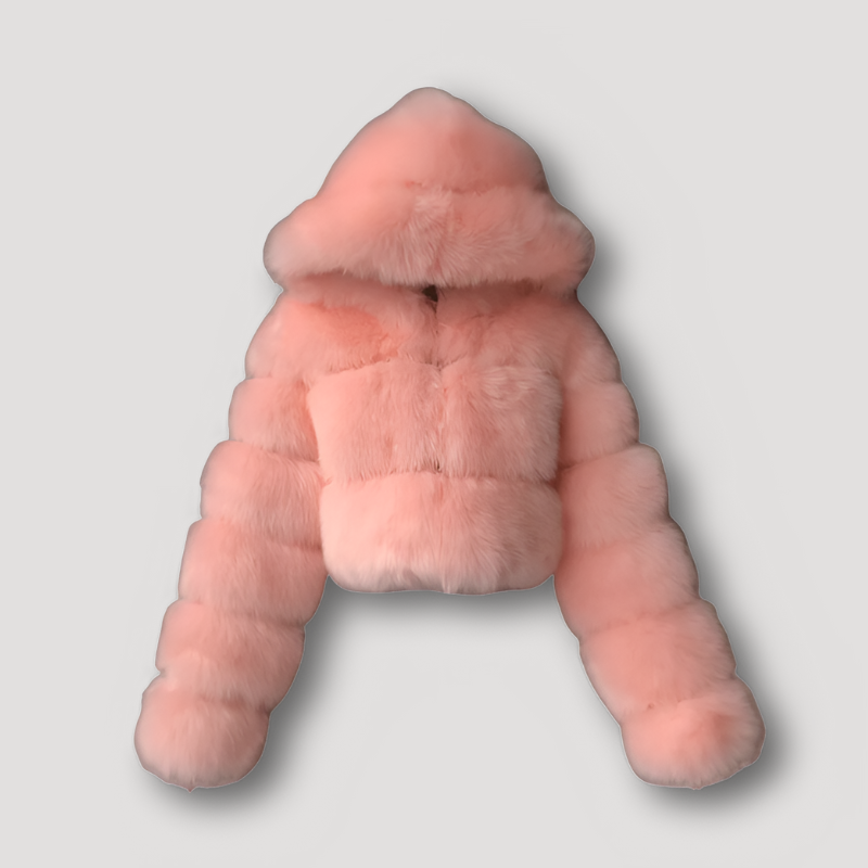 Rosmara | Luxuriöse Damen Plüschjacke mit Kapuze & Reißverschluss | Kurze Kunstpelzjacke für Herbst & Winter