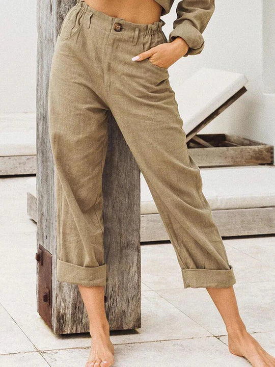 Brechje | Stylische High-Waist Leinenhose Damen mit Aufschlag & Sommer-Look