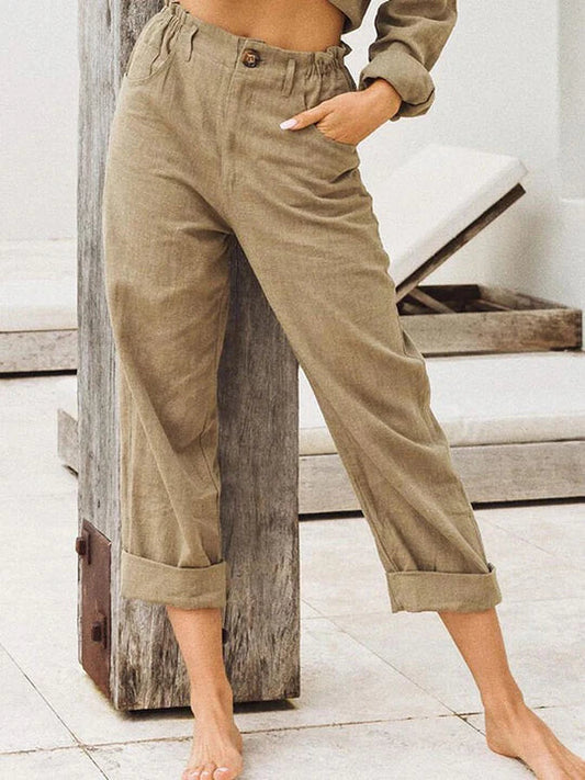 Brechje | Stylische High-Waist Leinenhose Damen mit Aufschlag & Sommer-Look