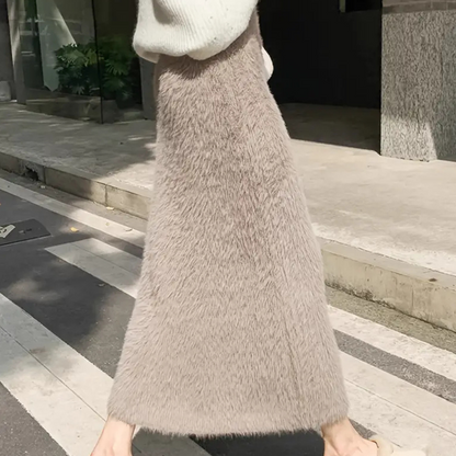 Willoween | Damen Teddy Plüsch Maxirock in Khaki mit Hoher Taille & Weichem Futter