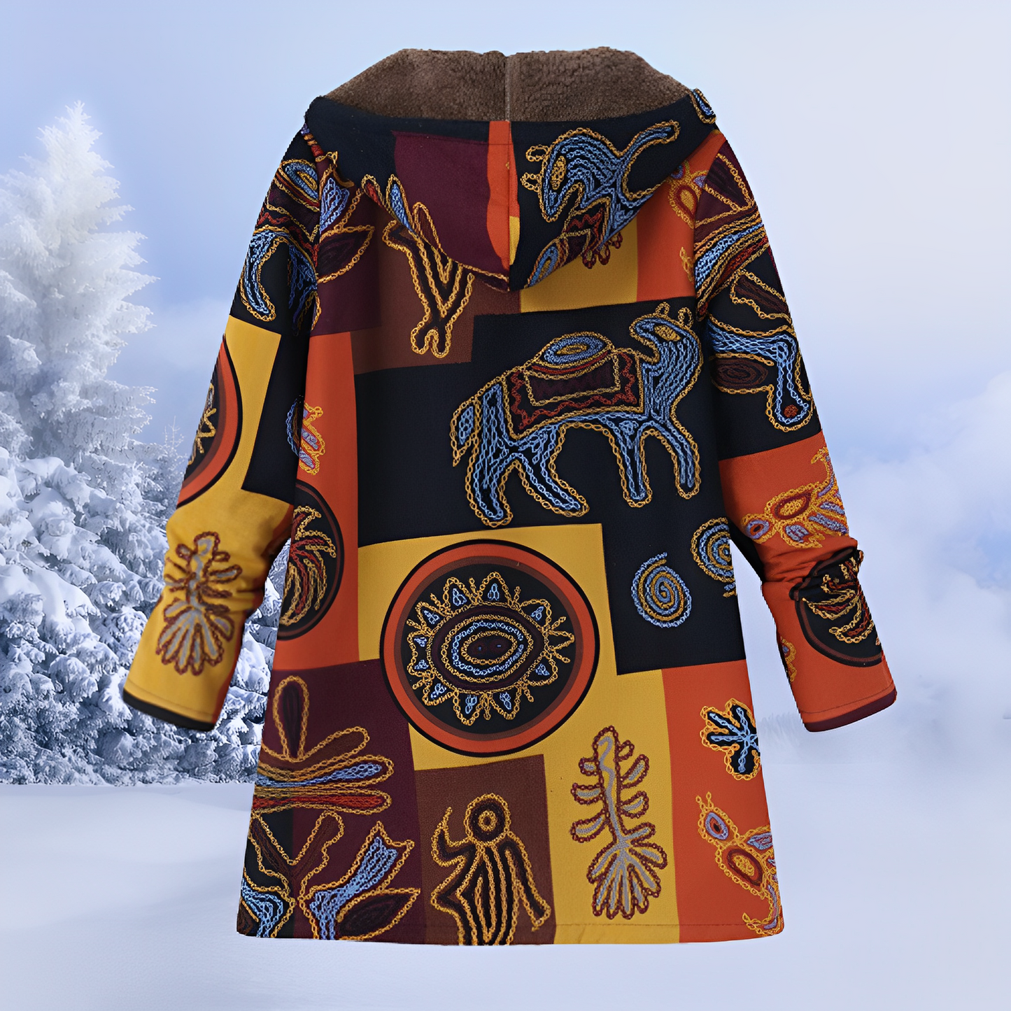 Damen Winterjacke mit Fellfutter | Warme Parka mit Ethno-Muster für kalte Tage