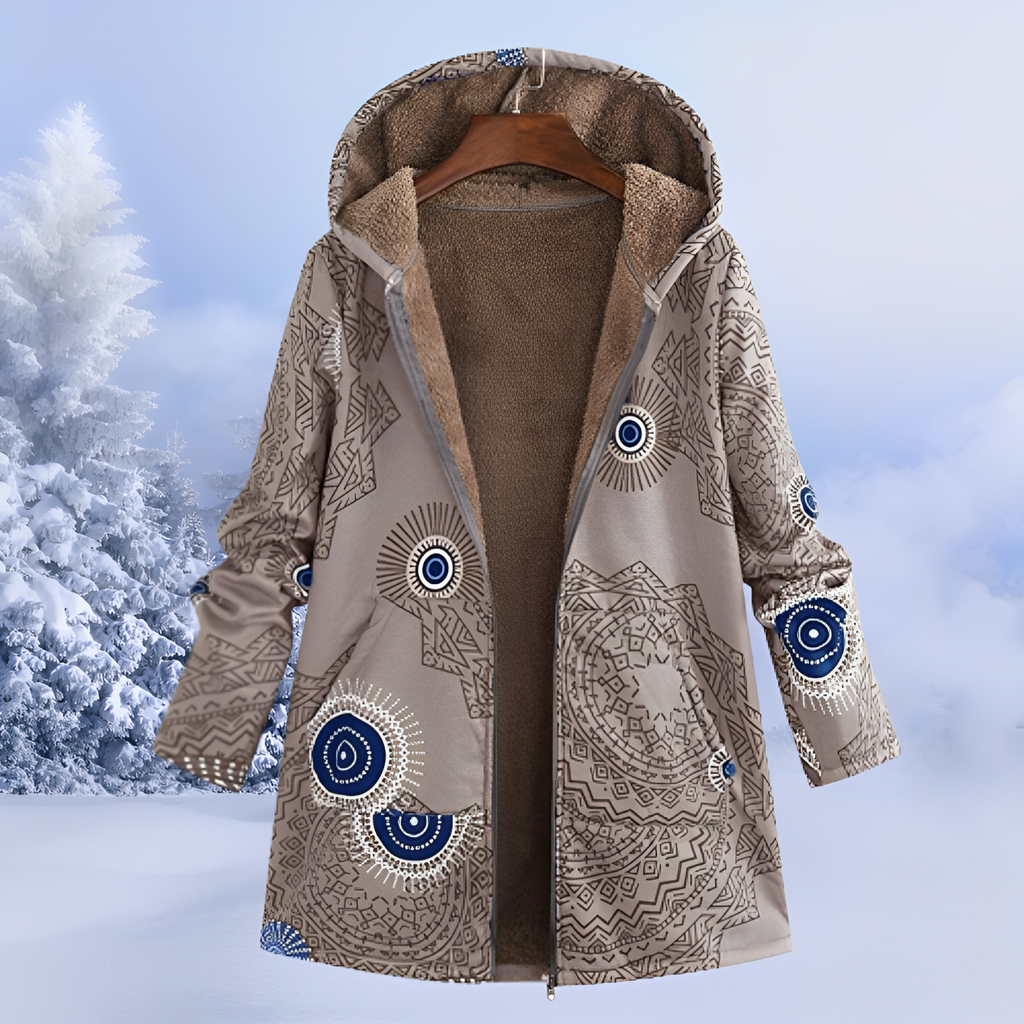 Damen Winterjacke mit Fellfutter | Warme Parka mit Ethno-Muster für kalte Tage
