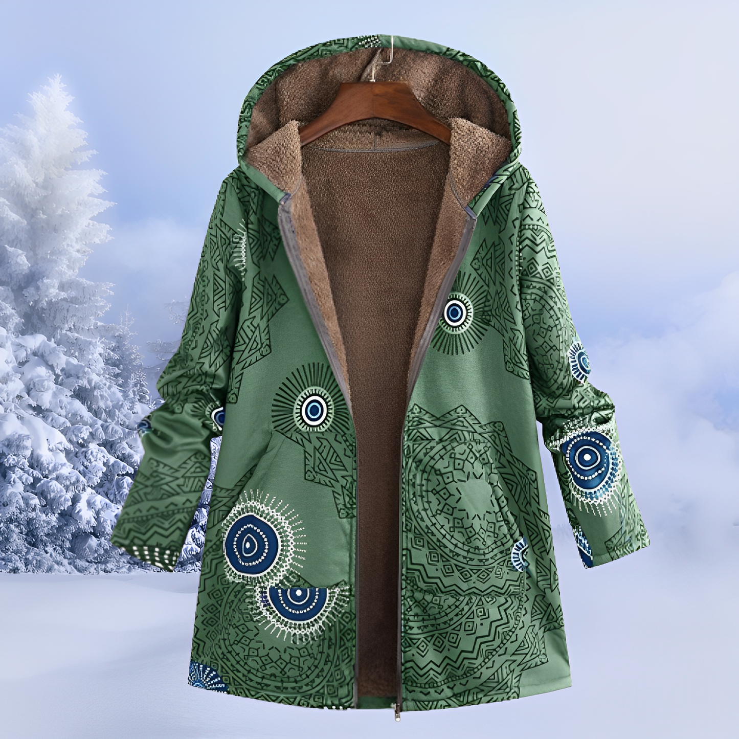 Damen Winterjacke mit Fellfutter | Warme Parka mit Ethno-Muster für kalte Tage
