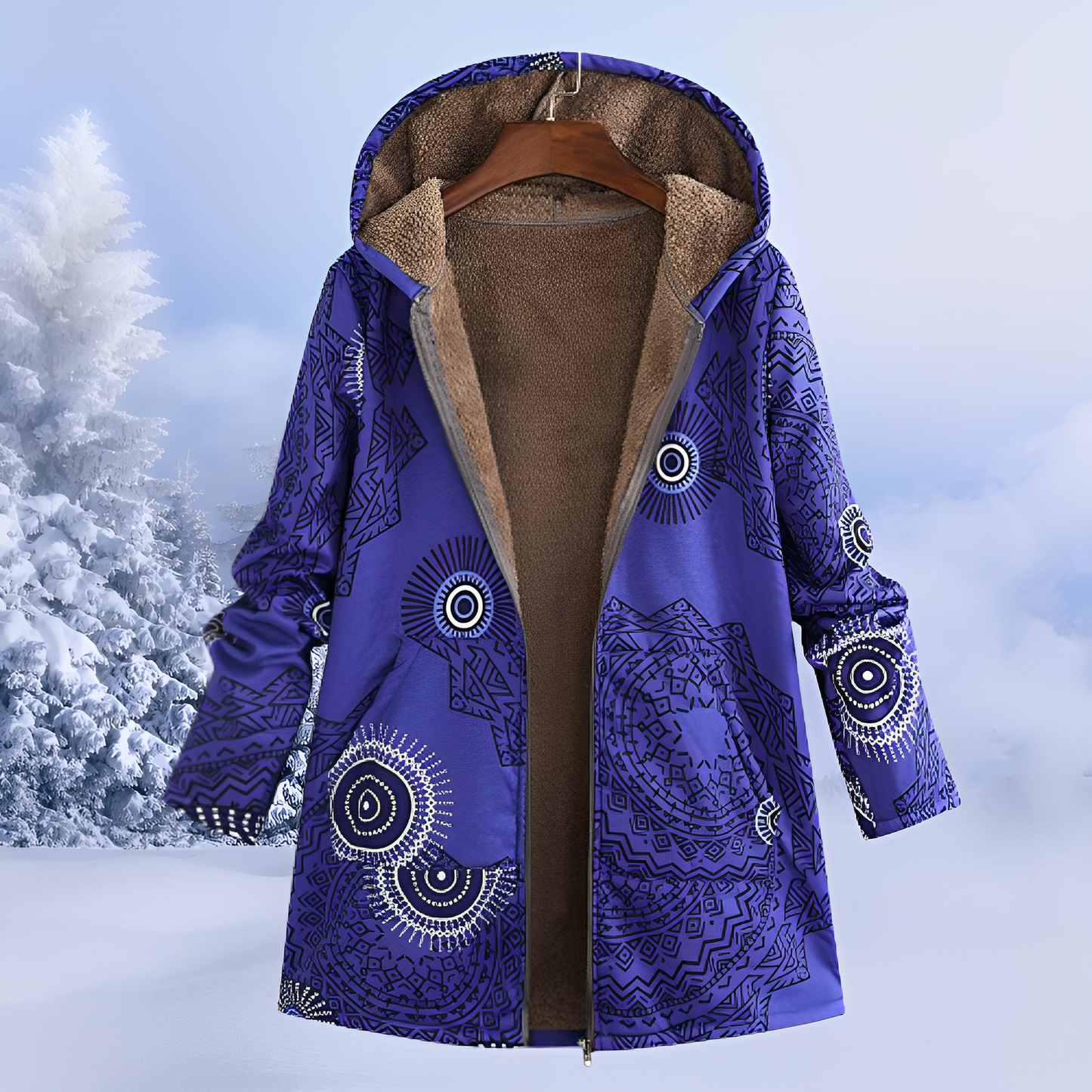 Damen Winterjacke mit Fellfutter | Warme Parka mit Ethno-Muster für kalte Tage