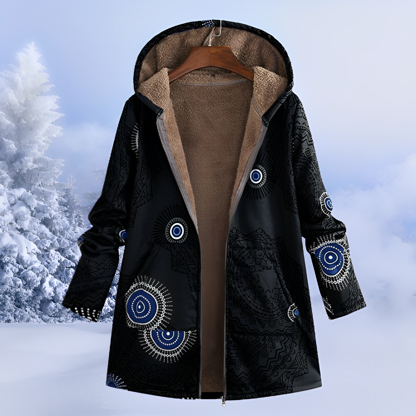 Damen Winterjacke mit Fellfutter | Warme Parka mit Ethno-Muster für kalte Tage