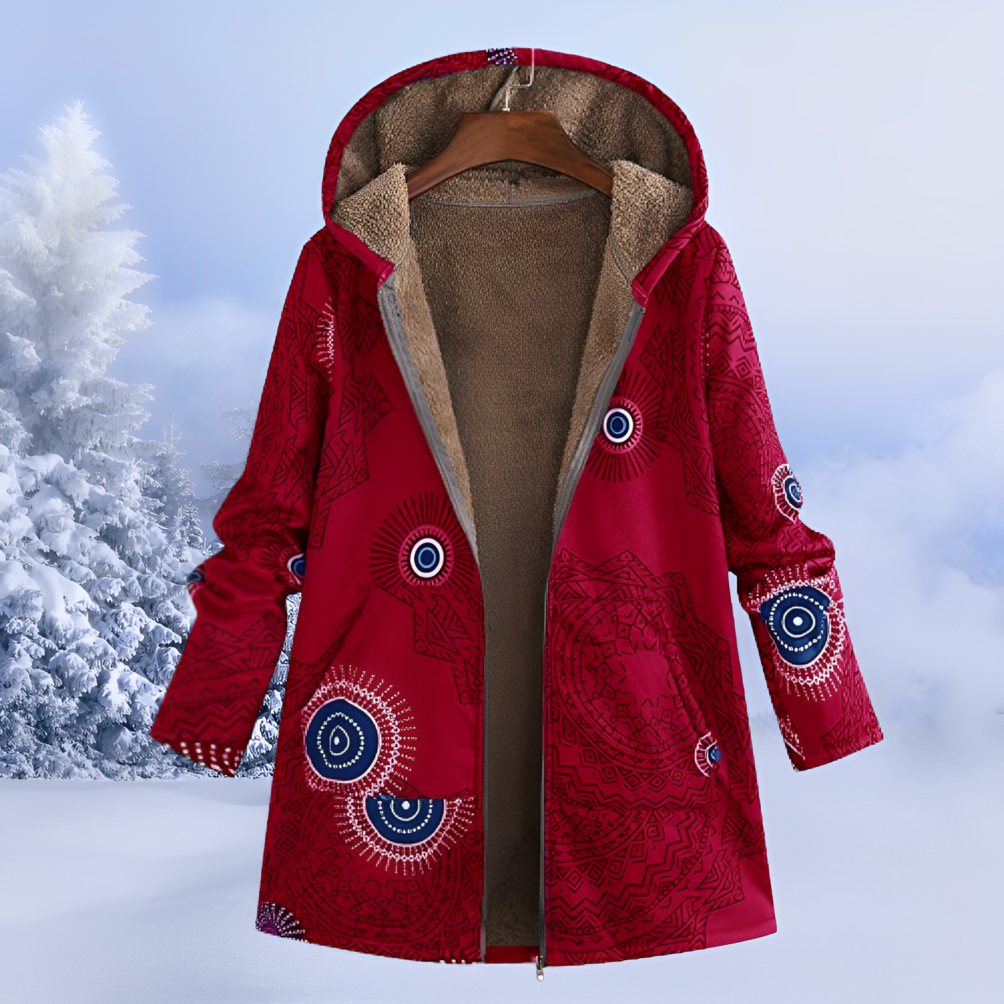 Damen Winterjacke mit Fellfutter | Warme Parka mit Ethno-Muster für kalte Tage