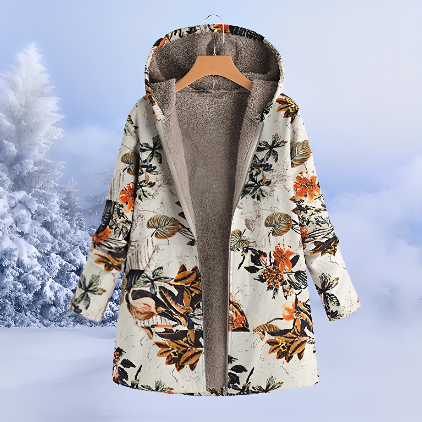 Damen Winterjacke mit Fellfutter | Warme Parka mit Ethno-Muster für kalte Tage