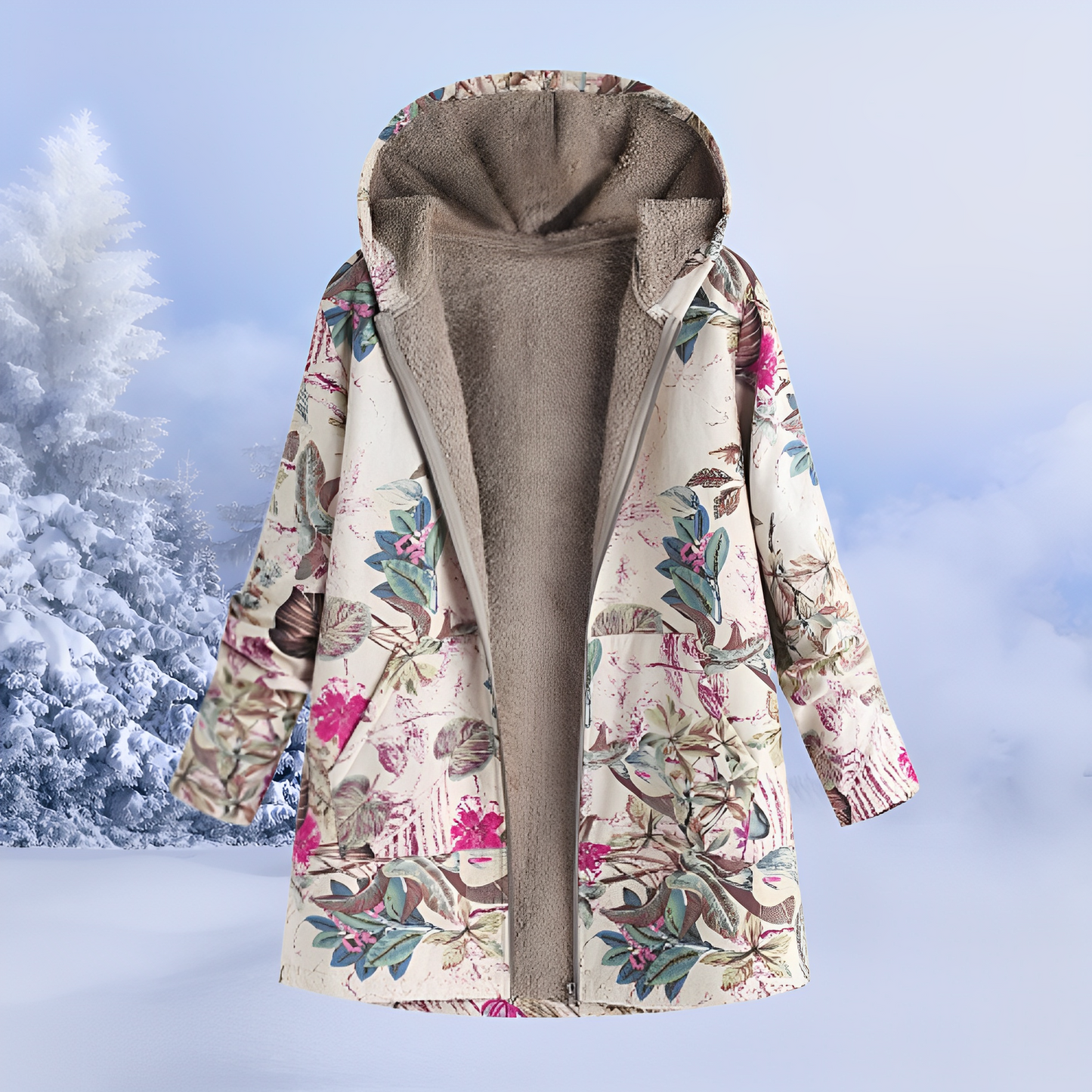 Damen Winterjacke mit Fellfutter | Warme Parka mit Ethno-Muster für kalte Tage