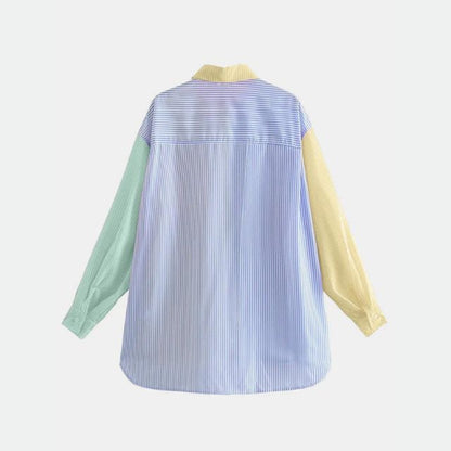 Squichie | Damen Oversize-Bluse mit Reverskragen, Knopfleiste & mehrfarbigen Streifen