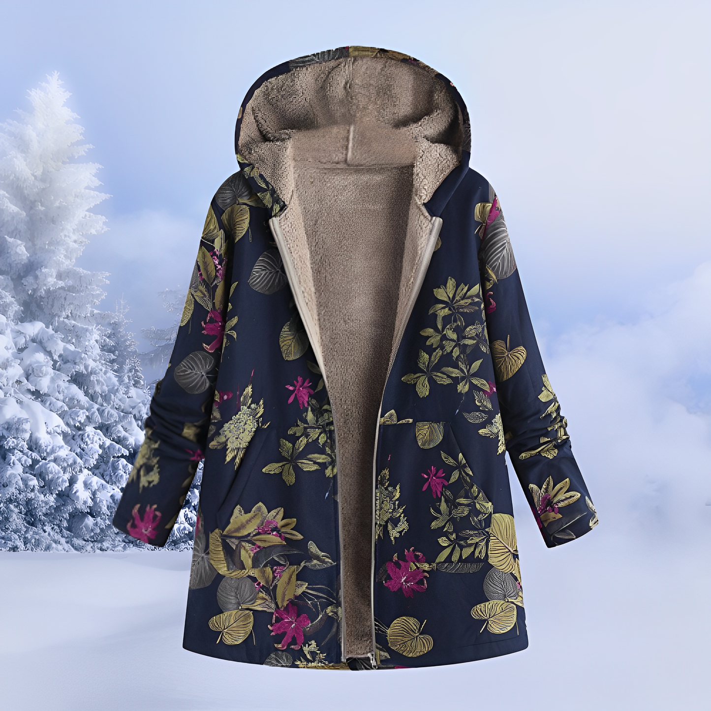 Damen Winterjacke mit Fellfutter | Warme Parka mit Ethno-Muster für kalte Tage