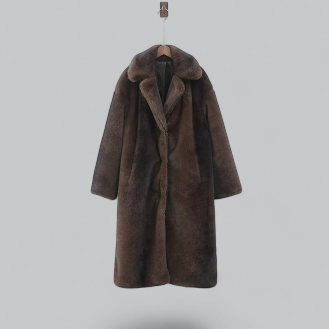 Yvelisse | Damen Faux-Fur Mantel – Dunkelbrauner Long Trench für luxuriöse Wintermode