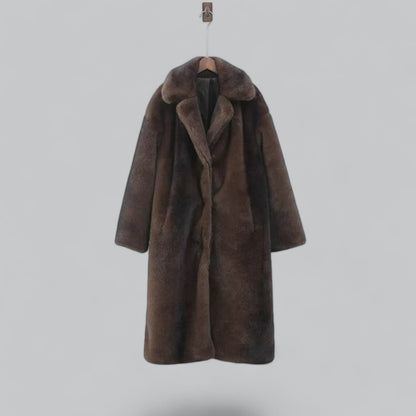 Yvelisse | Damen Faux-Fur Mantel – Dunkelbrauner Long Trench für luxuriöse Wintermode
