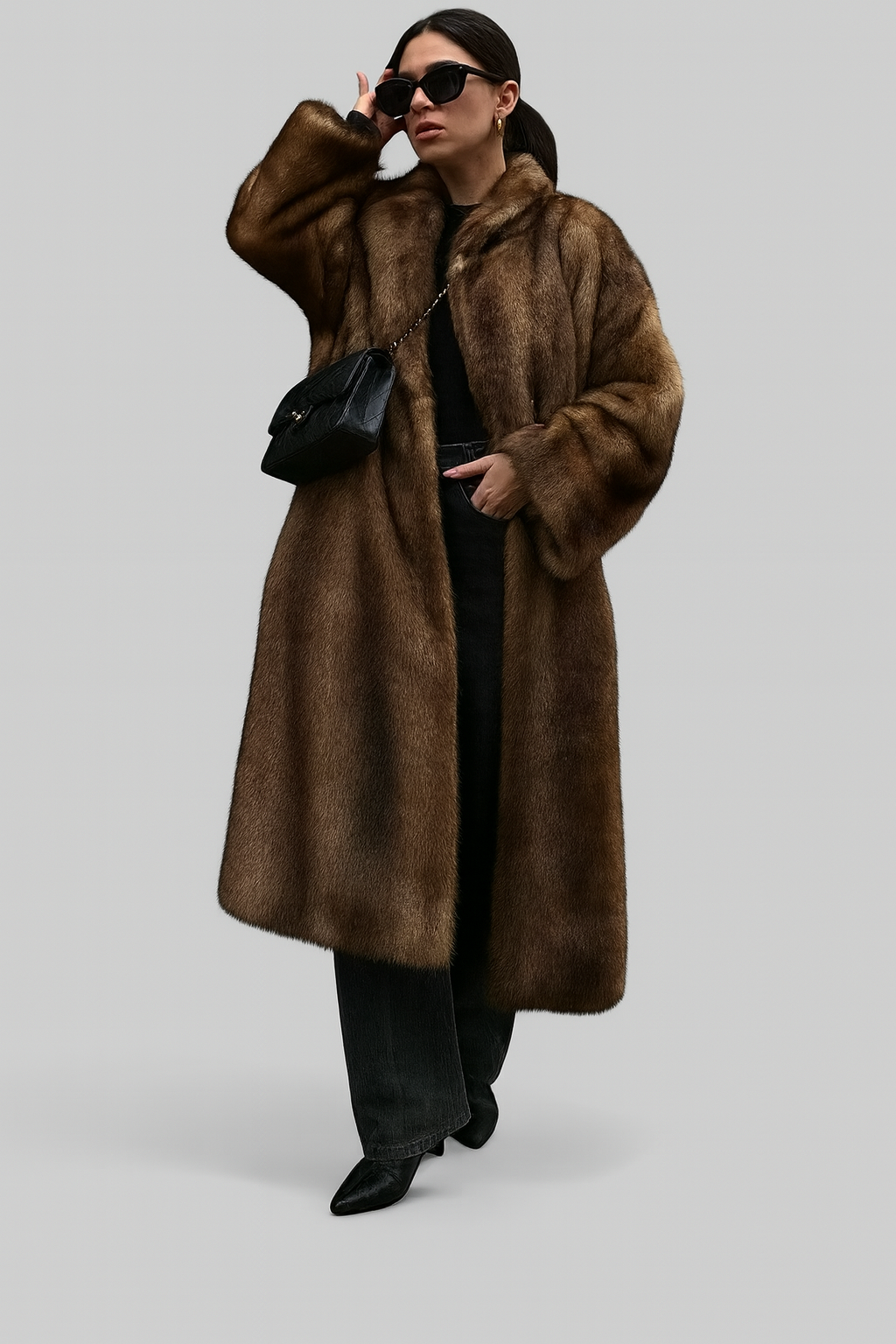 Yvelisse | Damen Faux-Fur Mantel – Dunkelbrauner Long Trench für luxuriöse Wintermode