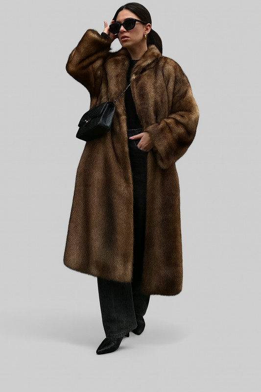 Yvelisse | Damen Faux-Fur Mantel – Dunkelbrauner Long Trench für luxuriöse Wintermode