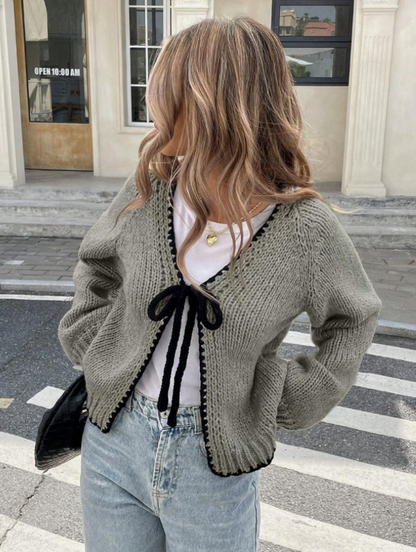 Xadeline | Damen Tie-Front Cardigan | Kurze Strickjacke mit Kontrastbesatz