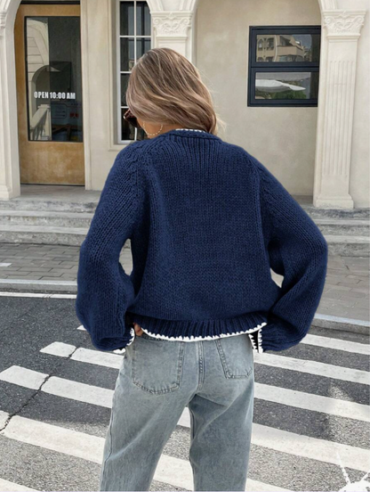 Xadeline | Damen Tie-Front Cardigan | Kurze Strickjacke mit Kontrastbesatz