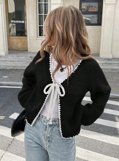 Xadeline | Damen Tie-Front Cardigan | Kurze Strickjacke mit Kontrastbesatz