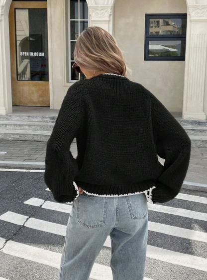 Xadeline | Damen Tie-Front Cardigan | Kurze Strickjacke mit Kontrastbesatz