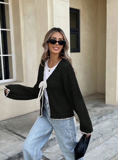 Xadeline | Damen Tie-Front Cardigan | Kurze Strickjacke mit Kontrastbesatz