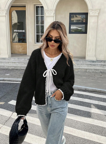 Xadeline | Damen Tie-Front Cardigan | Kurze Strickjacke mit Kontrastbesatz