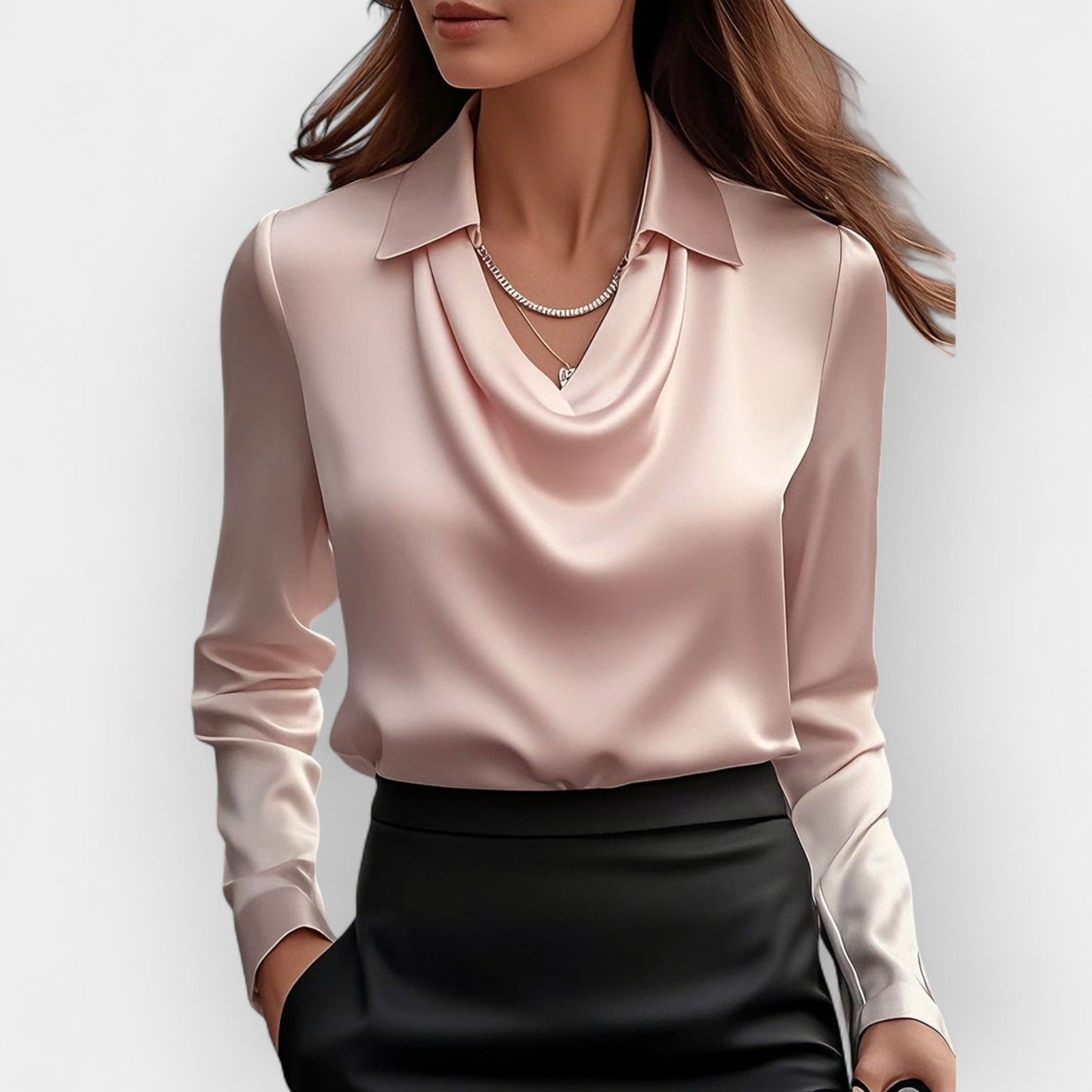 Serilda | Damen Satinbluse mit Wasserfallkragen & Langarm – Elegante Business- & Freizeitbluse für jeden Anlass