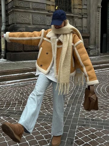 Sylvaine | Damen Oversized Winterjacke Kurz mit Kontrast-Details, Doppelreiher & Fleece-Futter