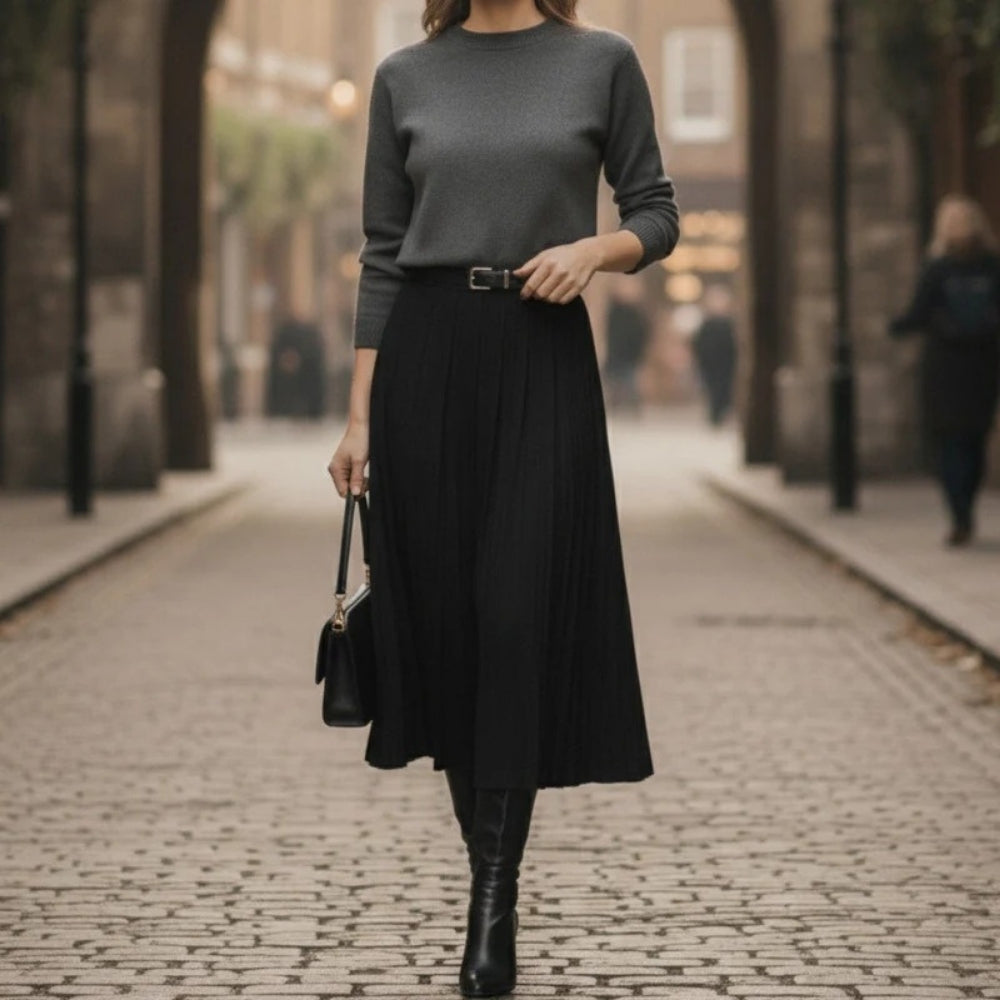 Damen Plissierter Midi-Rock mit Gürtel – A-Linien Rock für Alltag, Büro und elegante Outfits