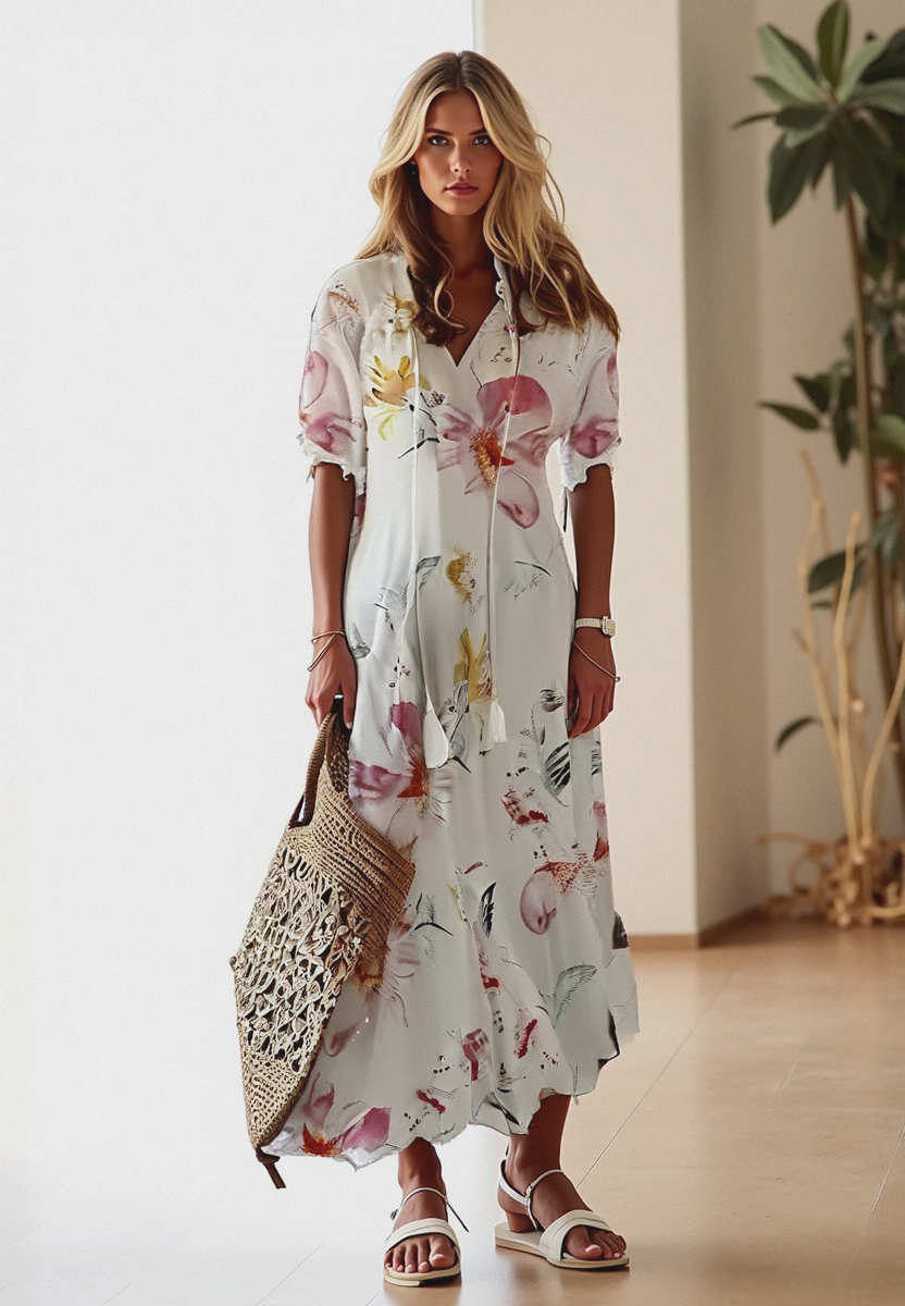 Katrina | Boho Print V‑Ausschnitt Sommer‑Maxikleid – Elegant & Luftig
