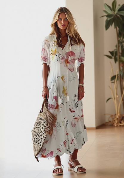 Katrina | Boho Print V‑Ausschnitt Sommer‑Maxikleid – Elegant & Luftig